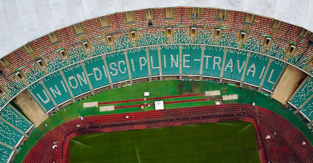 Aerial view of Alassane Ouattara Stadium in Côte d'Ivoire with empty grandstands.